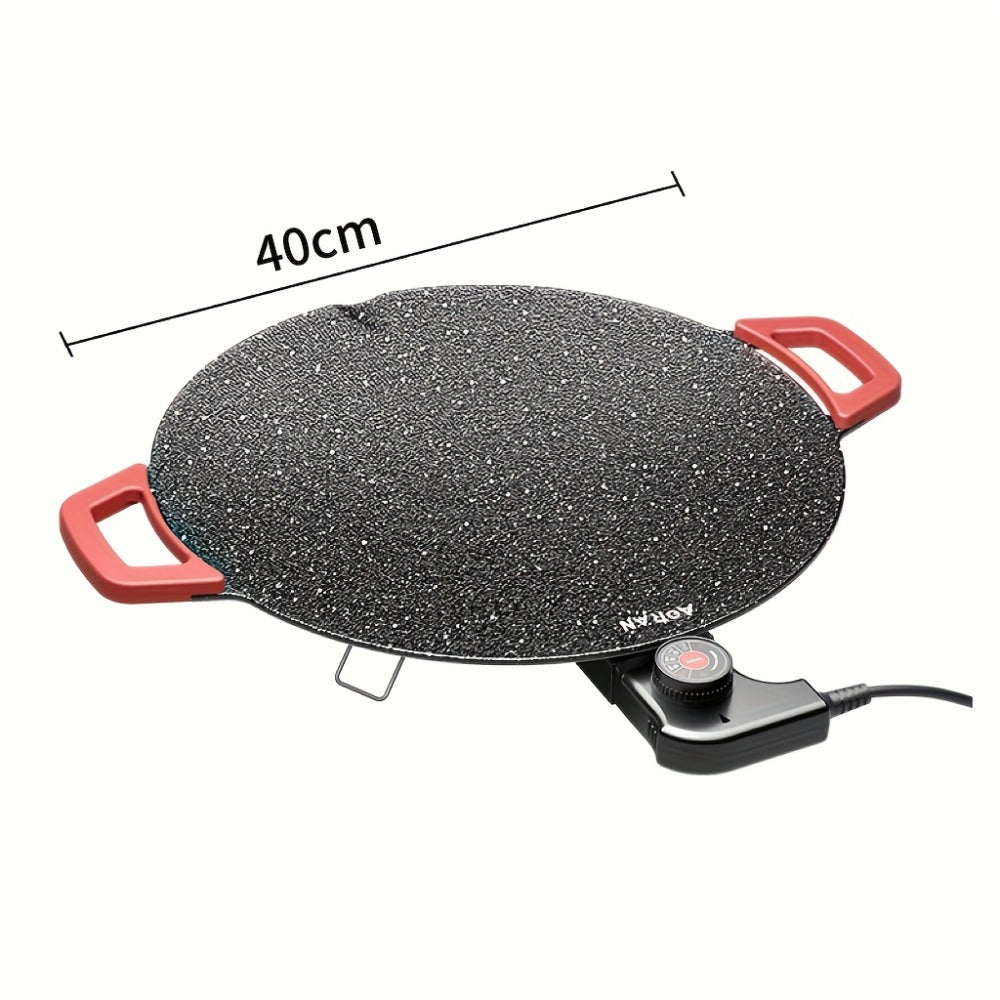 Korean BBQ Grill Pan, Round Non-Stick Multi-Functional Electric Grill Pan with Red Handle & Adjustable Settings