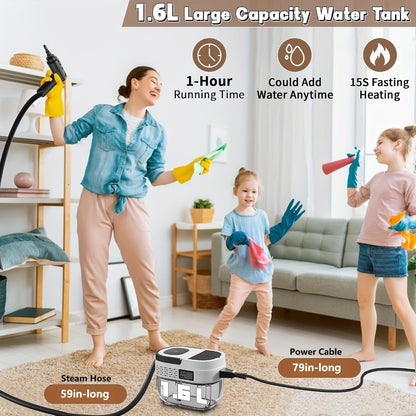 High Pressure Steam Cleaner Handheld 1.6L Large Tank 3-Level Adjustable Handle for Home Car Detailing Bed Bugs Couch Grout Furniture