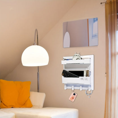 Self-Adhesive Bedside Wall Organizer Shelf with Dual Trays, Five Hooks and Black or White Finish