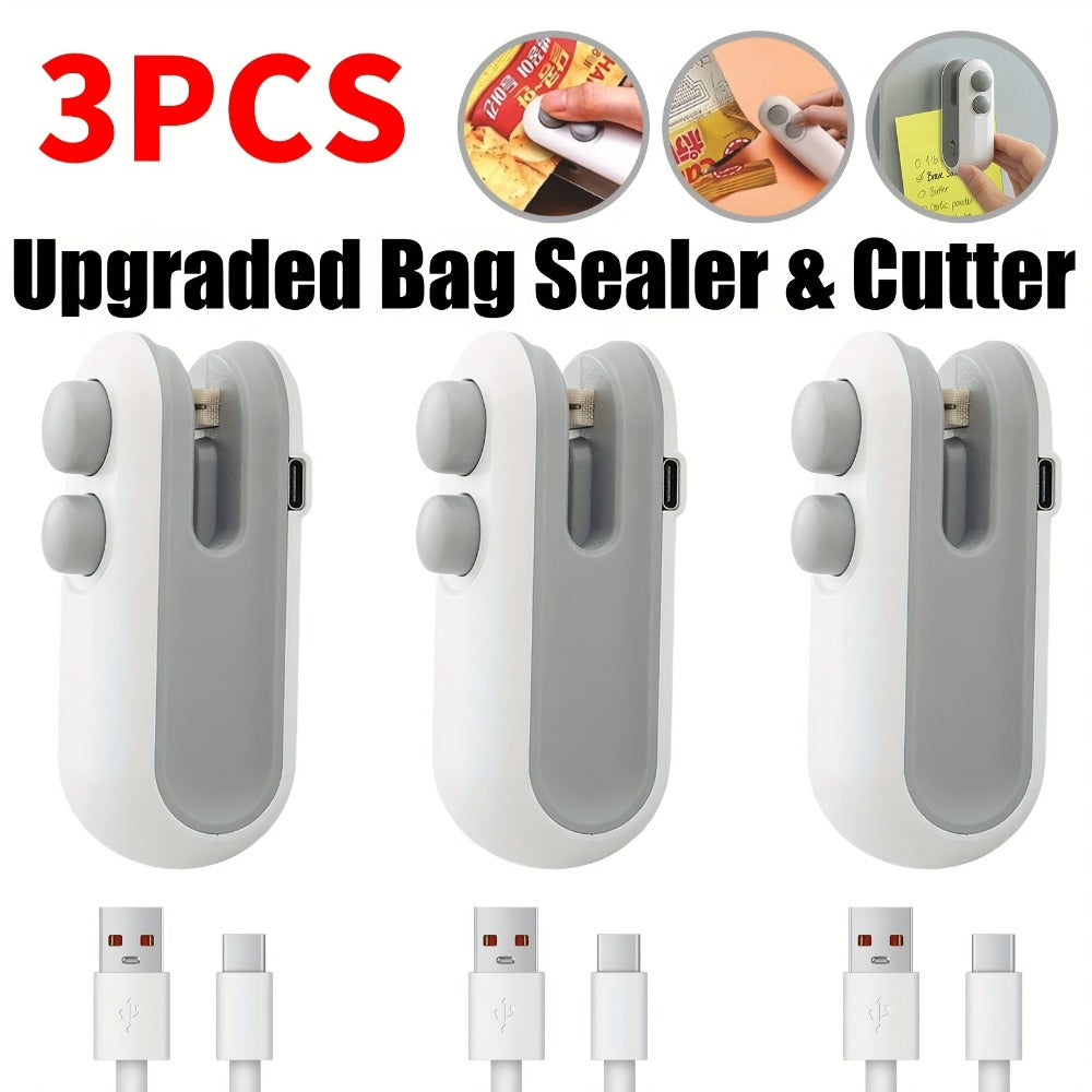 Bag Sealer Handheld Heat Sealer 3-Pack, USB-C Rechargeable 2-in-1 Magnetic Food Sealer with Cutter