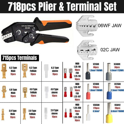 Wire Crimper Kit 718pcs SN-68B Ratchet Crimping Tool AWG28-16 with Replaceable Jaw & Assorted Terminals