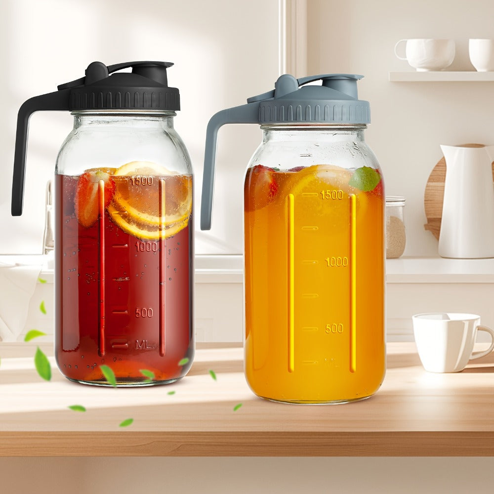 Two-Pack 64-Ounce Mason-Style Glass Pitchers with Black and Gray Flip Lids and Long Handles