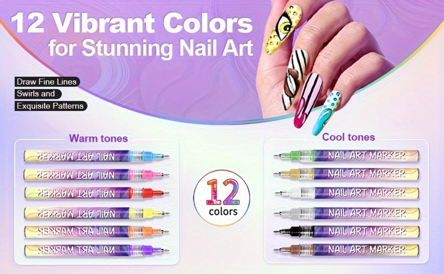 Nail Art Pens 12 Colors Quick Dry 3D Graffiti & Detail Brush Set – Ultra-Fine Precision Drawing Pen Kit for DIY Nail Design