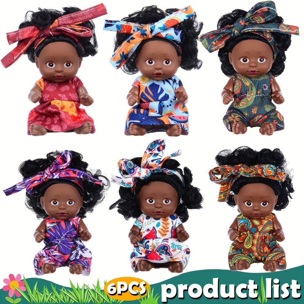 Miniature Girl Doll Set 6 Pcs 4 Inch Articulated Arms & Legs, Colorful Outfits Printed Headscarf