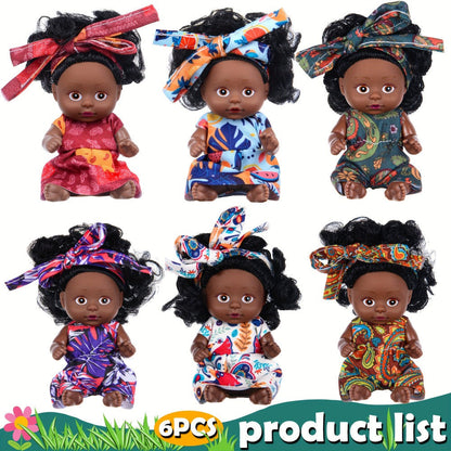 Miniature Girl Doll Set 6 Pcs 4 Inch Articulated Arms & Legs, Colorful Outfits Printed Headscarf