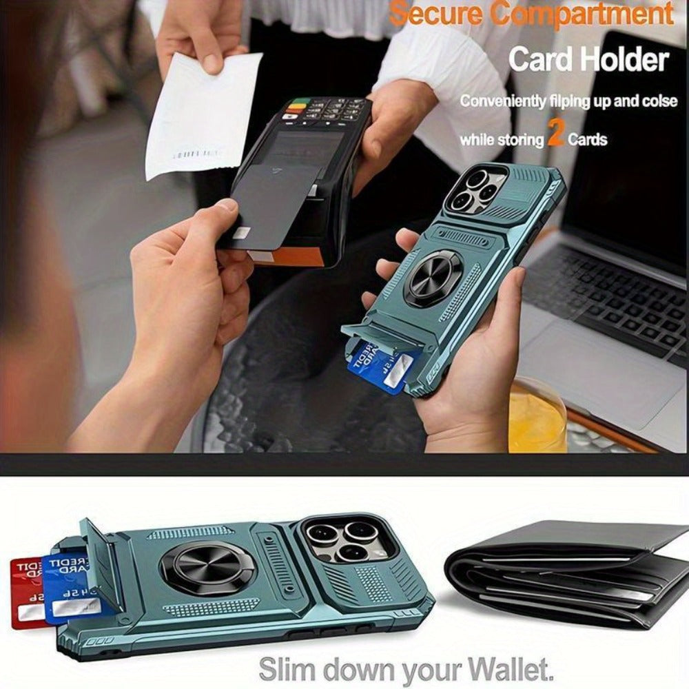 iPhone Card Slot Shockproof Case with Ring Holder & Kickstand – Wallet Phone Cover for iPhone 17 17 Air 17 Pro Max 16 15 14 13 12 11 Pro Max