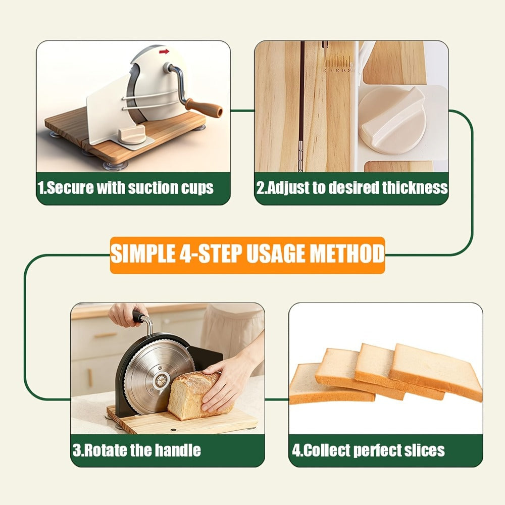 Bread Slicer Manual Adjustable Thickness Uniform Slices Hand Crank Serrated Blade Suction for Entryways, Bedrooms and Living Spaces