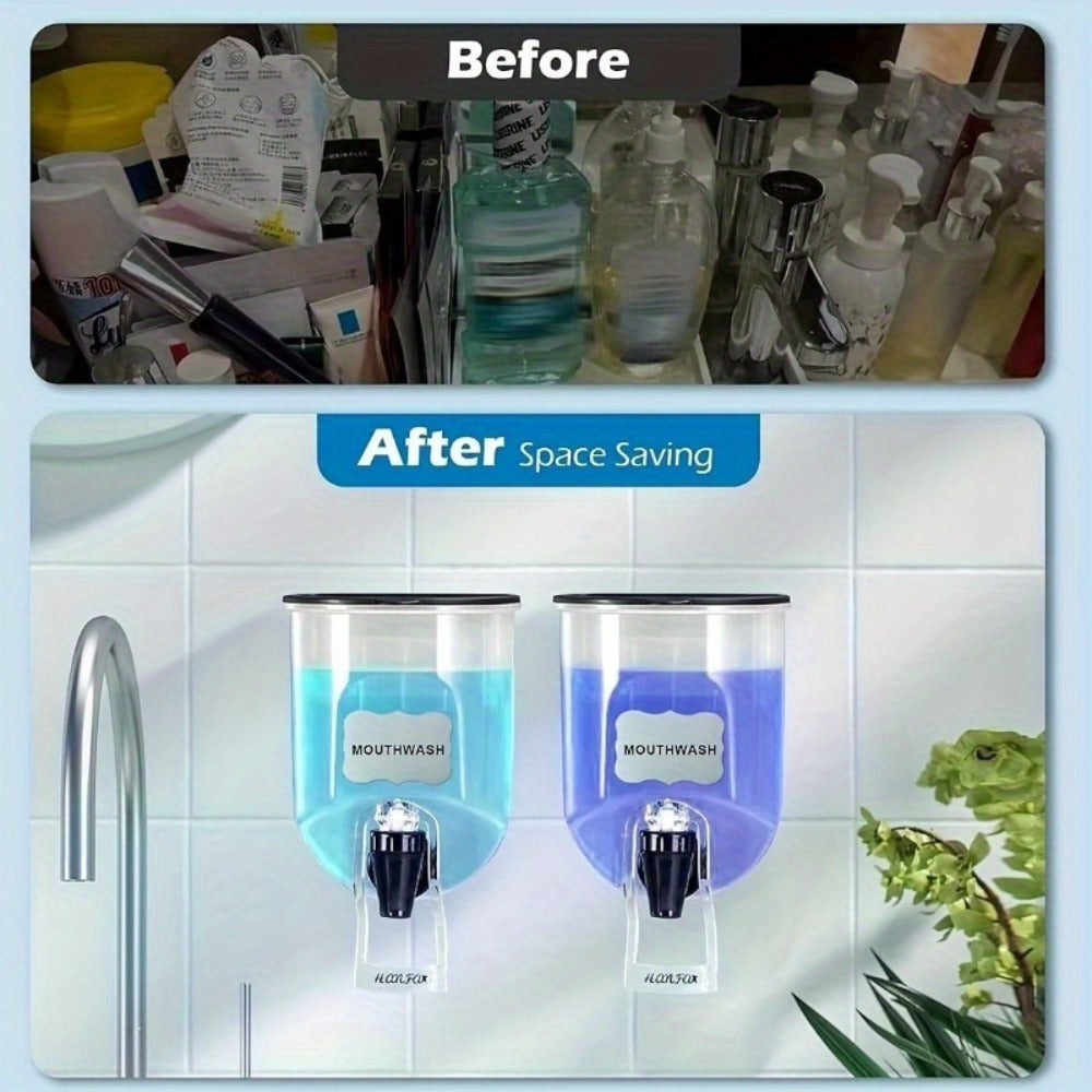 Mouthwash Dispenser Wall Mounted 2-Pack 21 oz Plastic Container - No Electricity Required for an Everyday Personal Care Routine