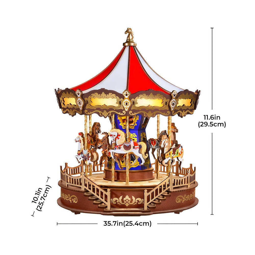 Rolife Carousel Music Box Kit, DIY 3D Wooden Puzzle Architectural Craft Model, Spinning Carousel with Music