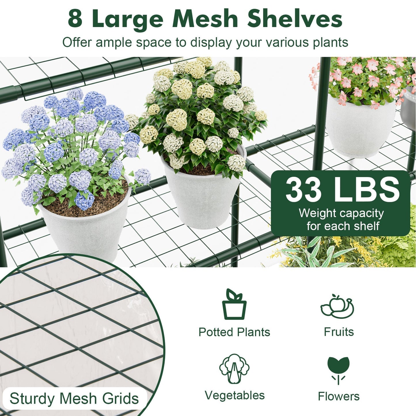 55 x 57 x 77-Inch Walk-In Greenhouse with Transparent Cover, Roll-Up Door and Eight Side Shelves