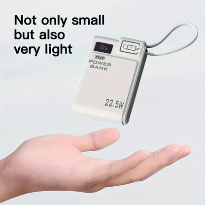 10000mAh Power Bank with 22.5W Label, Built-In USB-A and USB-C Cables, Three Outputs and Display