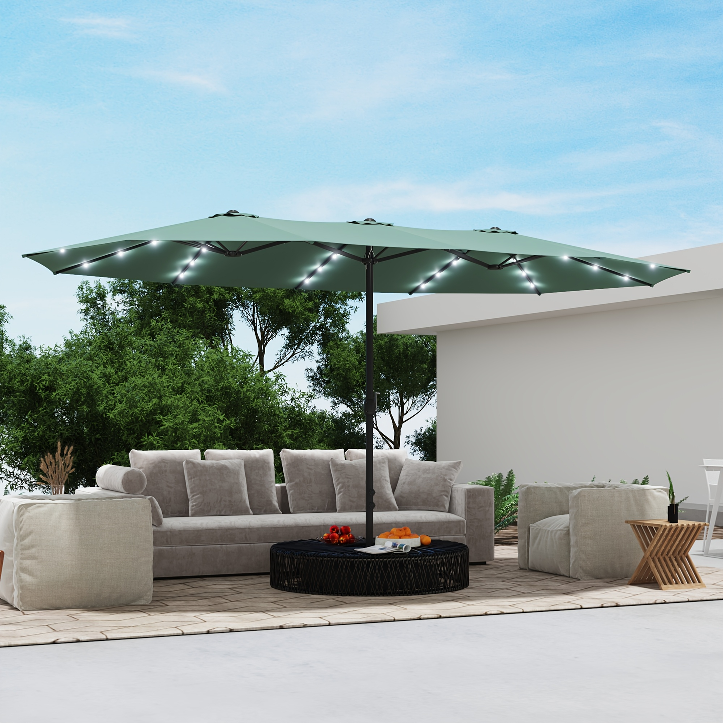 Patio Umbrella 15x9FT Double-Sided Rectangle with Optional 36 LEDs, 12-Rib Frame and Eight Color-Light Options