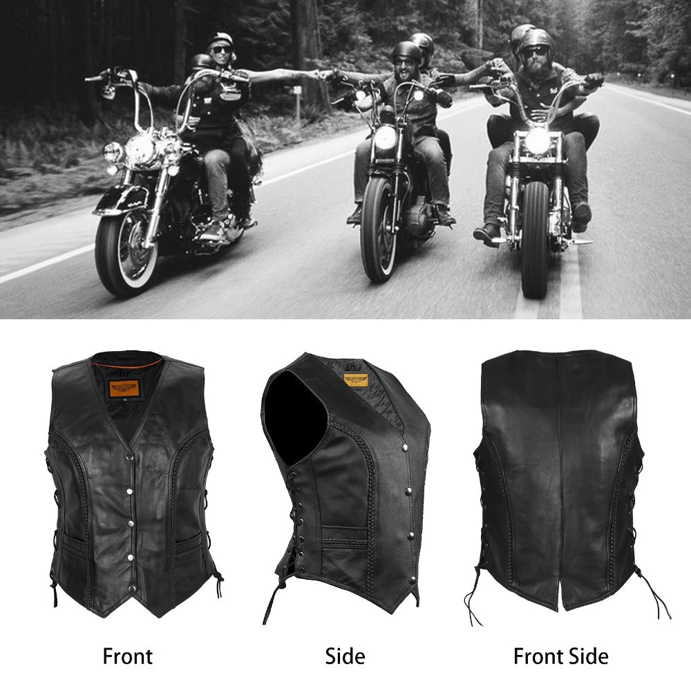 Women's Leather Motorcycle Vest – Concealed Carry Pockets, Lace-Up Sides, Metal Eyelet Accents, Adjustable Straps, Edgy Biker Style, Black