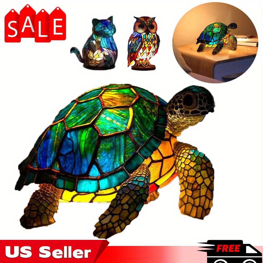 3D Resin Animal Night Light, Bohemian Vintage Dragon, Owl & Sea Turtle Stained Desk Lamp for Bedroom