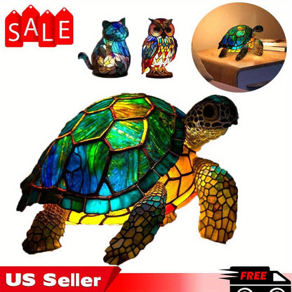 3D Resin Animal Night Light, Bohemian Vintage Dragon, Owl & Sea Turtle Stained Desk Lamp for Bedroom