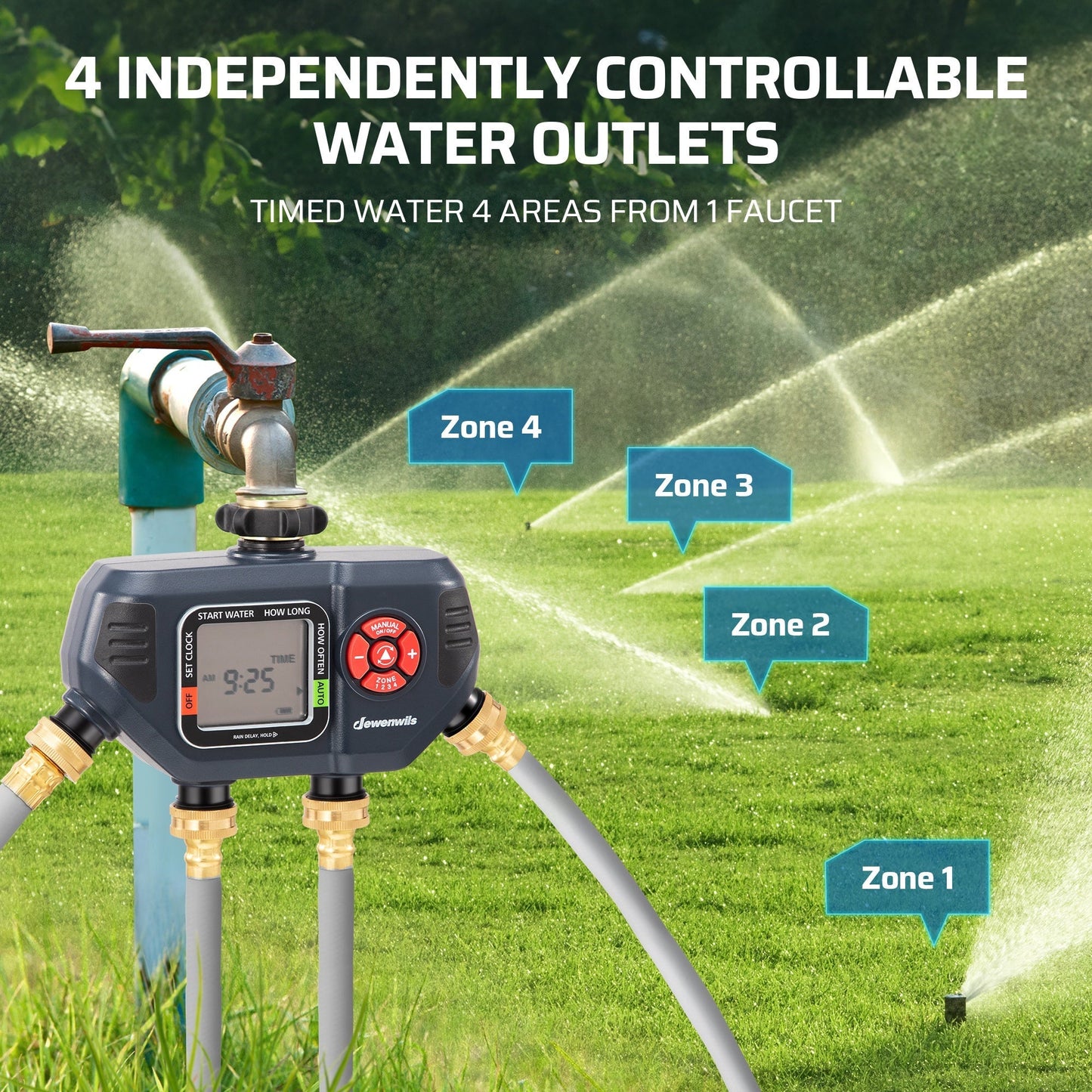Four-Zone Digital Sprinkler Timer with Independent Water Outlets, LCD Screen, Manual Control and Rain-Delay Mode