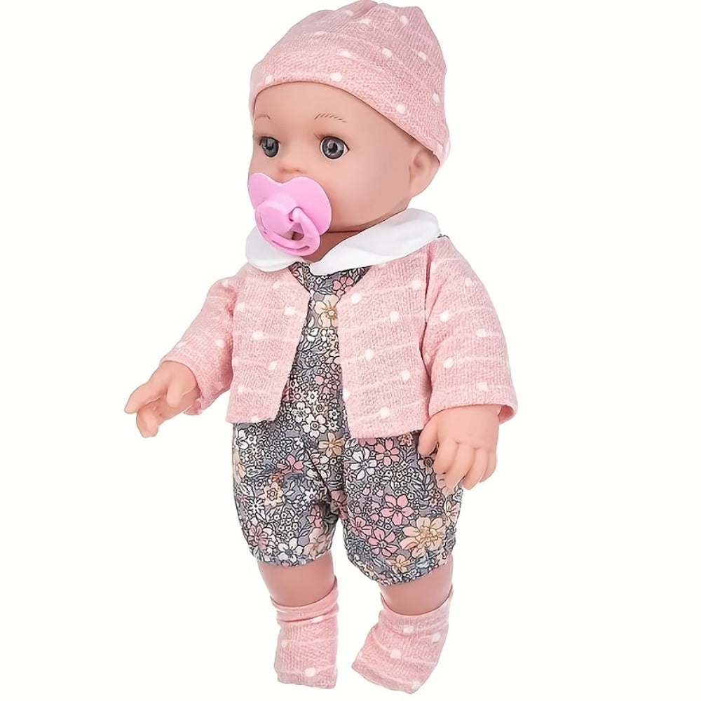 Pink Baby Doll with Open-Eye Face, Pacifier and Textured Outfit Across Three Checkout Style Labels