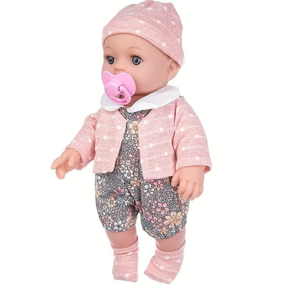 Pink Baby Doll with Open-Eye Face, Pacifier and Textured Outfit Across Three Checkout Style Labels