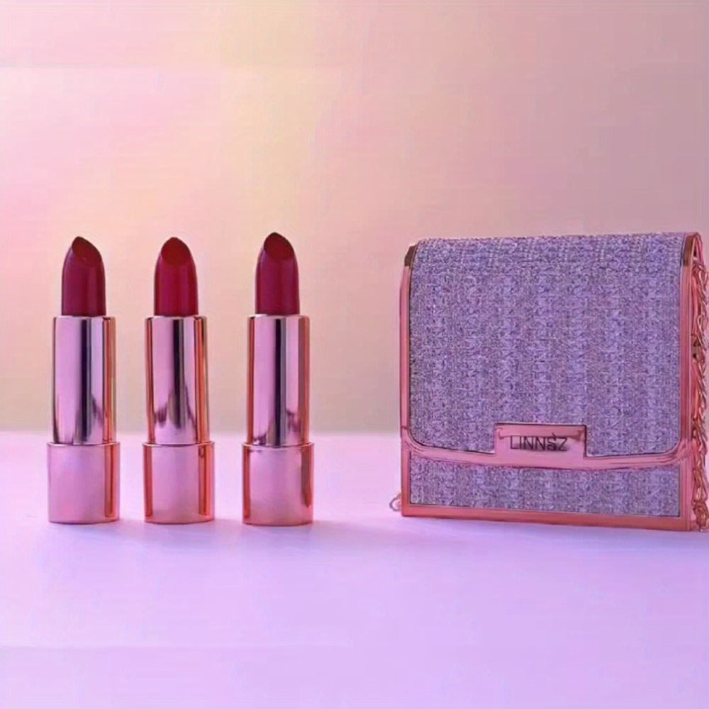 Matte Lipstick Gift Set 3pcs in Silvery Chain Bag Box, Velvet Finish Waterproof Red Lip Color, Conditioning Formula 3.5g Each