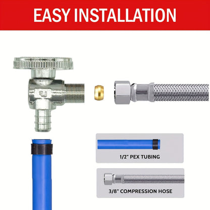 PEX Angle Stop Valve 5pcs – 1/2" PEX x 3/8" OD Compression, 1/4 Turn Shut-Off Valve, Chrome Brass