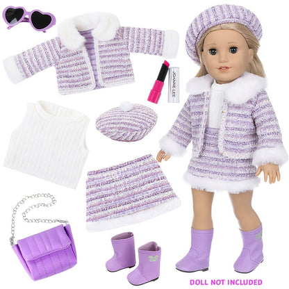 18 Inch Doll Knitted Clothes Outfit Set with Hat Jacket Skirt Shoes Socks Sunglasses Lipstick