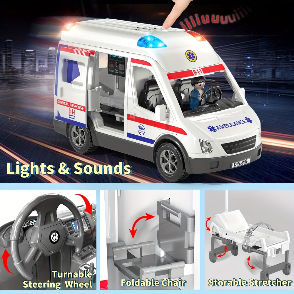 Ambulance Toy Playset for Kids Ages 3-8, Realistic Friction-Powered Emergency Vehicle with Flashing Lights & Siren Sound