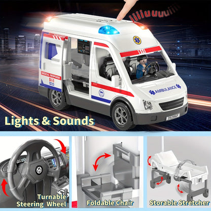 Ambulance Toy Playset for Kids Ages 3-8, Realistic Friction-Powered Emergency Vehicle with Flashing Lights & Siren Sound