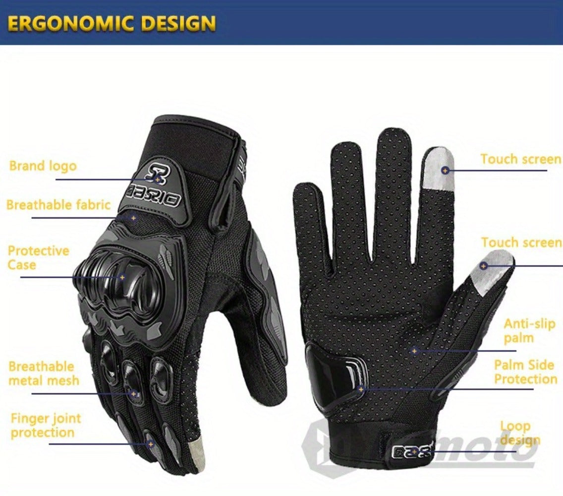 Full-Finger Motorcycle Gloves with Segmented Knuckle Shell, Wrist Tabs, Black or Red in M to XL