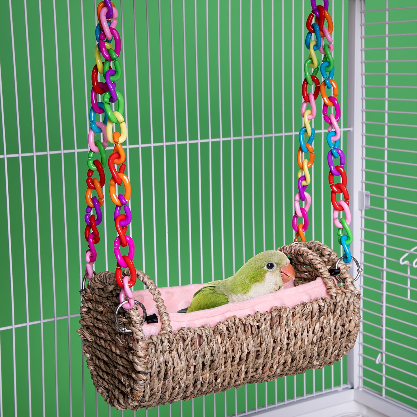 Parrot Nest with Mat Rattan Swing Toy All Season Bird Hammock Hanging Perch for Baby Parrots Cockatiels Conures Budgies Colorful Chain