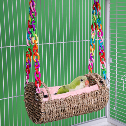 Rattan Hanging Bird Nest and Swing with Removable Mat and Choice of Natural Rope or Colorful Chain