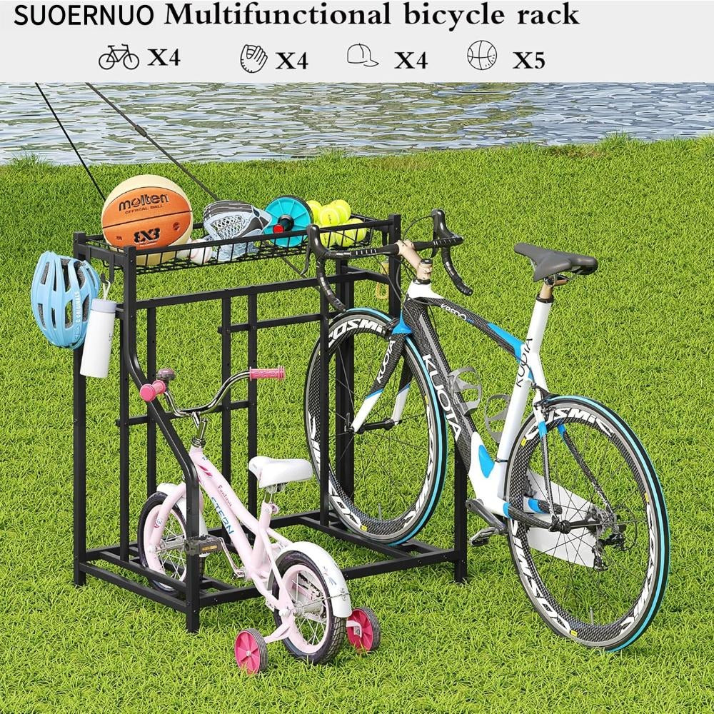 Freestanding Bike Storage Stand with Basket & Hooks, Adjustable Floor Rack for 3-4 Bikes, Indoor Outdoor Garage Organizer