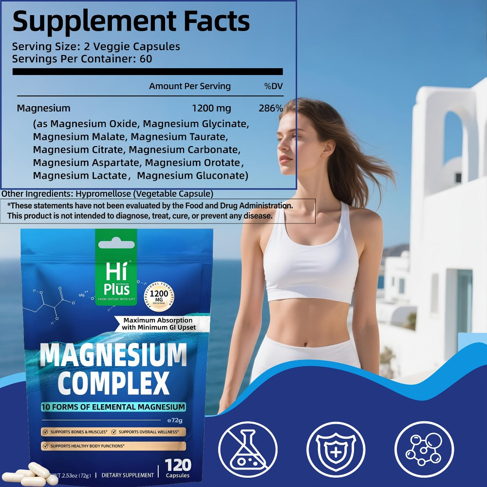 Magnesium Glycinate Complex 1200mg 10-in-1 Full Spectrum Vegan Capsules for Deep Sleep Calm Anxiety Heart Bone & Nerve Health