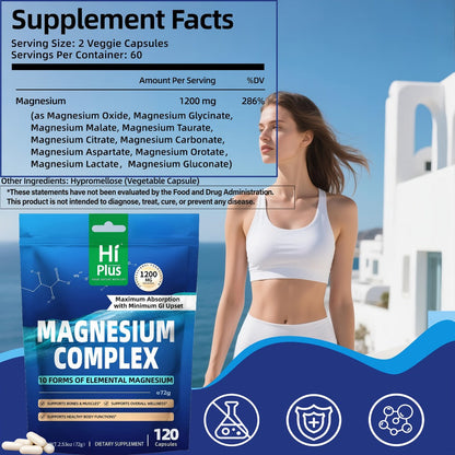 Magnesium Glycinate Complex 1200mg 10-in-1 Full Spectrum Vegan Capsules for Deep Sleep Calm Anxiety Heart Bone & Nerve Health