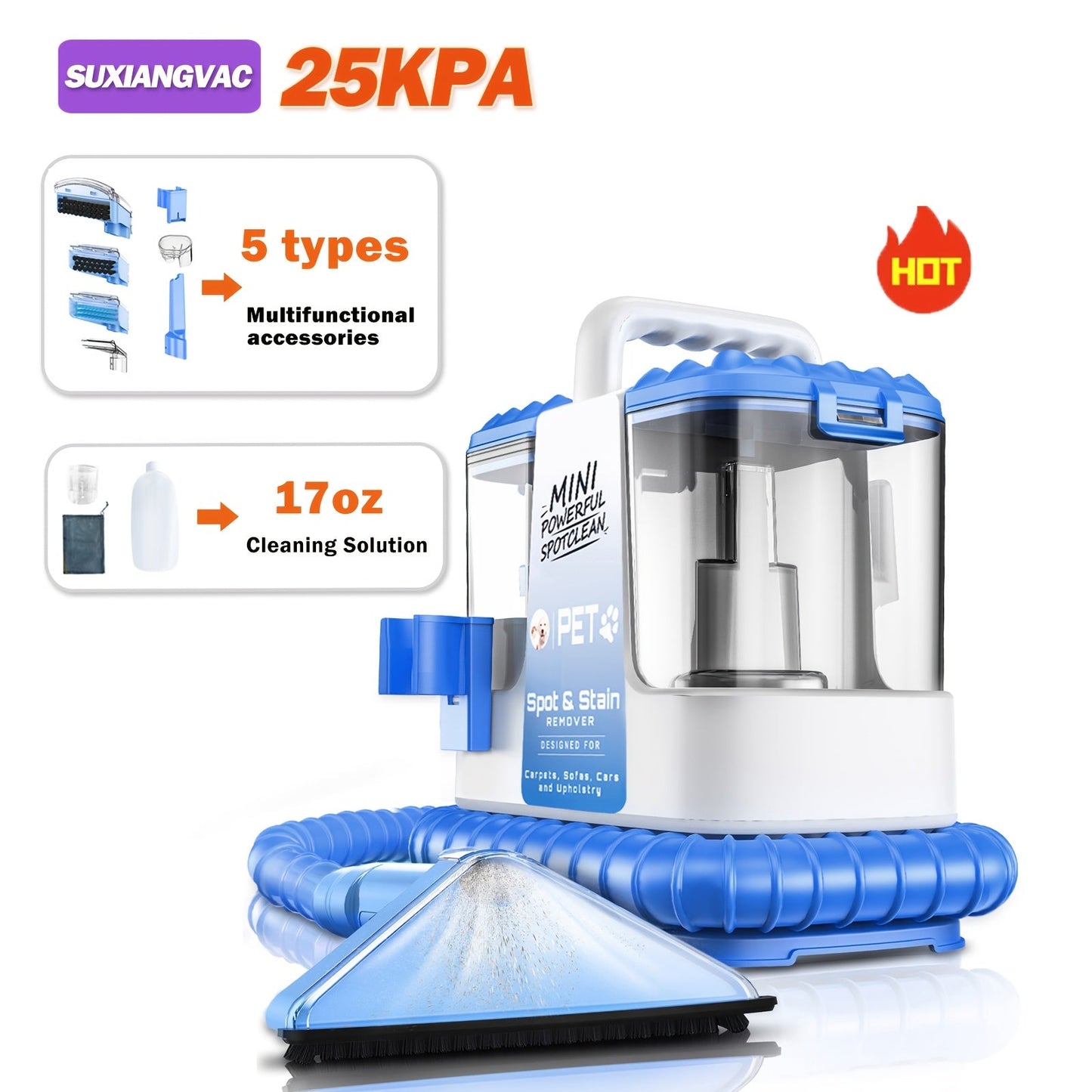Portable Carpet Cleaner 25Kpa Upholstery Cleaner Machine with Dual Brush Heads Self-Cleaning for Entryways, Bedrooms and Living Spaces