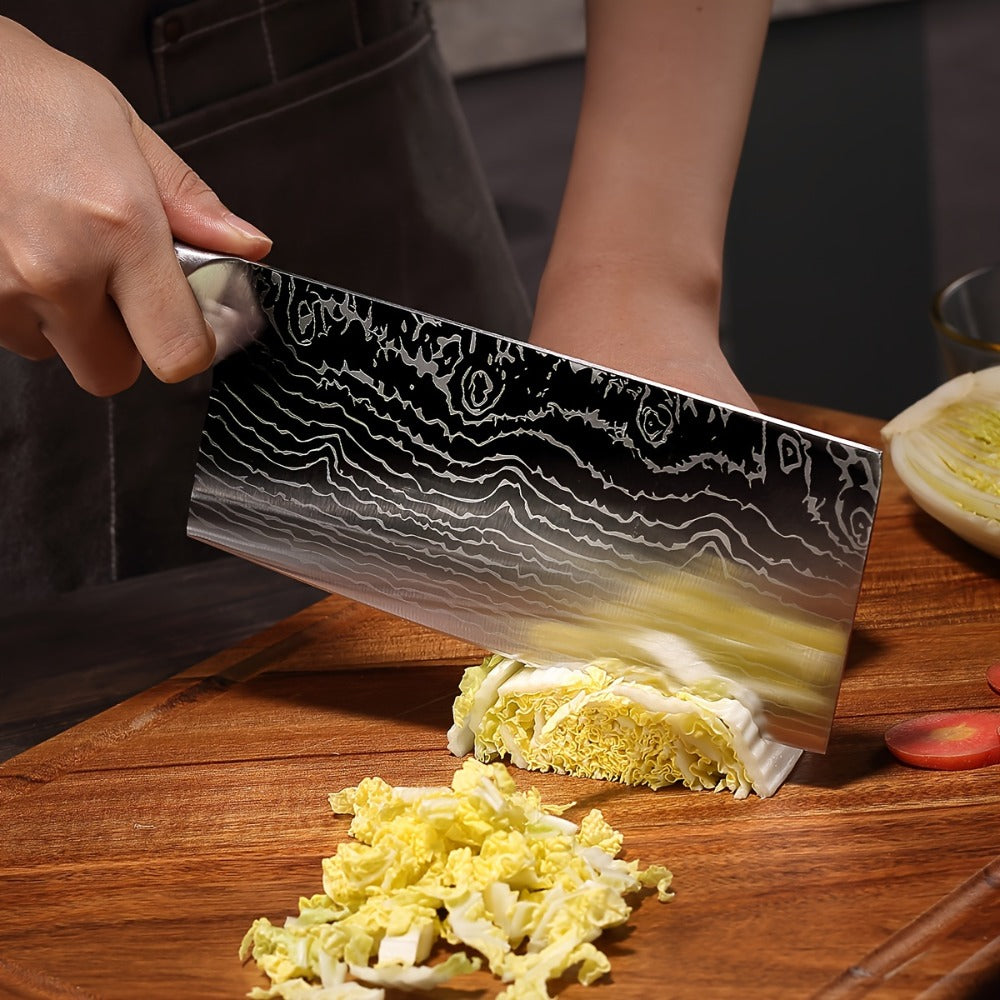Kitchen Knife Set 7-Piece Damascus-Pattern Stainless Steel with Four Knives, Shears, Honing Rod and Rotating Block
