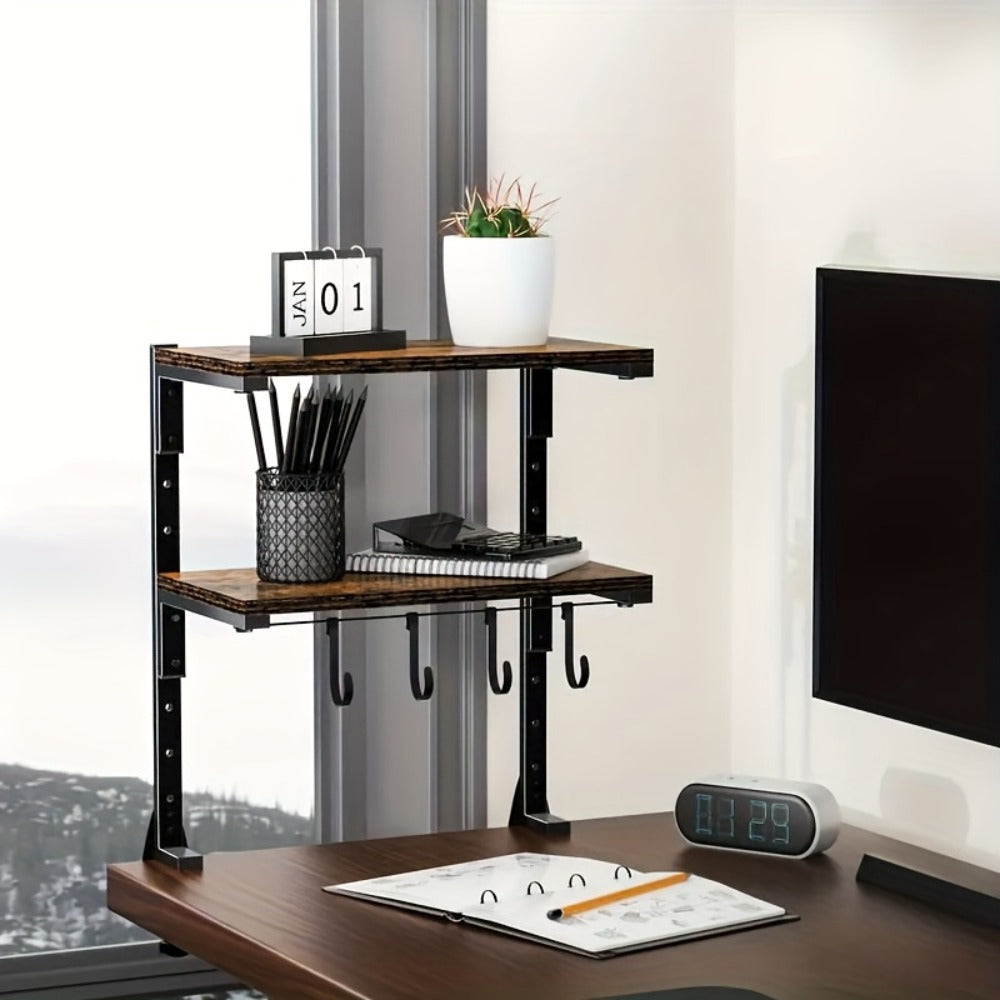 2-Tier Desktop Storage Shelf, Carbon Steel Desk Organizer, Adjustable Space-Saving Rack with Rustic Brown Finish