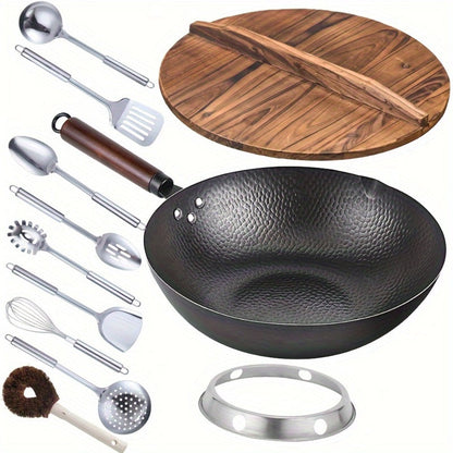 Carbon Steel Wok Pan 12.6 Inch with Lid & 10 Accessories, Uncoated Chinese Stir Fry Wok, Flat Bottom for Electric Induction Gas Stoves
