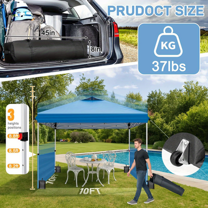 One-Push 10x10ft Canopy Tent with Two Adjustable Half Sidewalls, Four Sandbags and Wheeled Bag