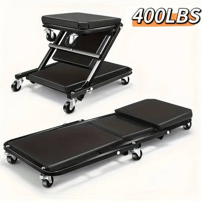 Mechanic Creeper Crawler Seat 36" Z-Type Folding with 6 Swivel Wheels & Adjustable Load Plate – Garage Repair Crawling Board