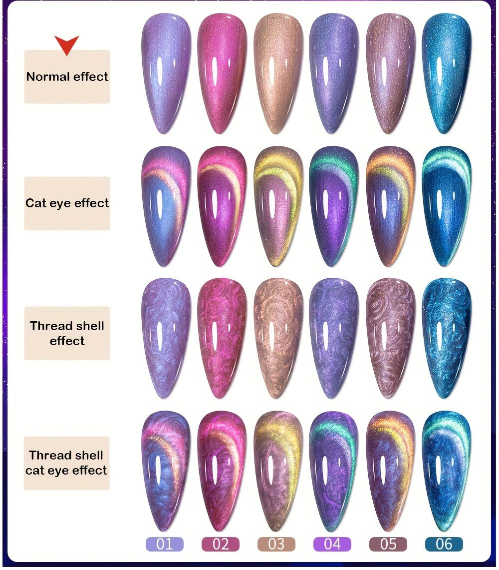 Gel Nail Polish 6-Piece 9D Aurora Magnetic Cat-Eye Set with Pearl-Shell Glitter Effect and UV/LED Soak-Off Cure