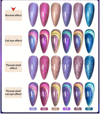 Gel Nail Polish 6-Piece 9D Aurora Magnetic Cat-Eye Set with Pearl-Shell Glitter Effect and UV/LED Soak-Off Cure