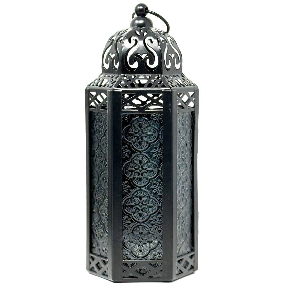 Moroccan Candle Lantern Holder - Decorative Metal & Glass Lantern with Embossed Floral Design for Indoor Home Decor