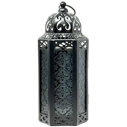 Moroccan Candle Lantern Holder - Decorative Metal & Glass Lantern with Embossed Floral Design for Indoor Home Decor