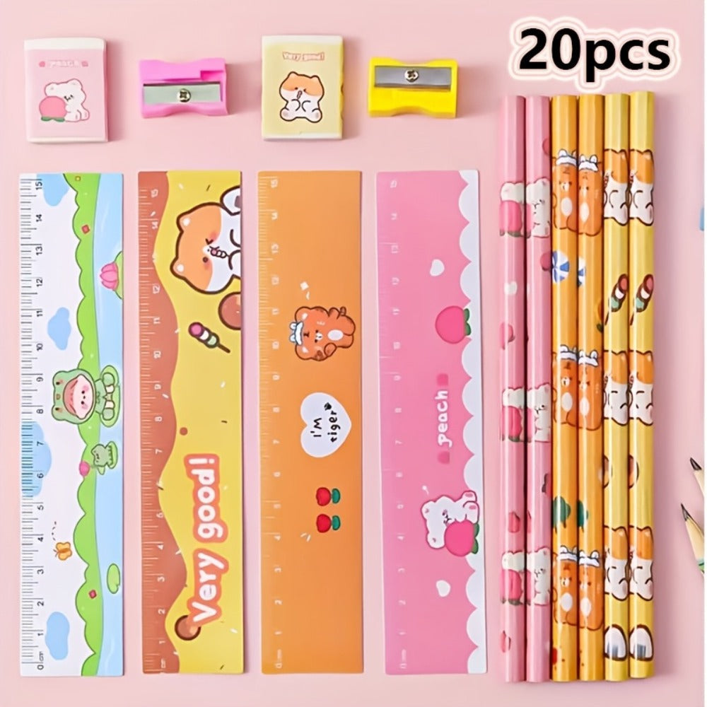 20-Piece Cartoon Pencil Stationery Set with Ruler Eraser Sharpener, Random Cartoon Styles, Kids School Supplies, Party Favor Prizes