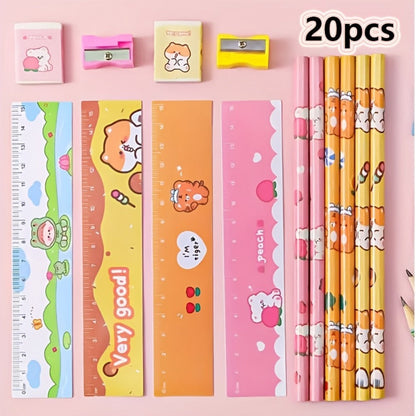 20-Piece Cartoon Pencil Stationery Set with Ruler Eraser Sharpener, Random Cartoon Styles, Kids School Supplies, Party Favor Prizes