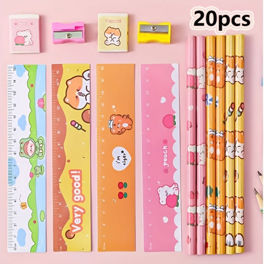 20-Piece Cartoon Pencil Stationery Set with Ruler Eraser Sharpener, Random Cartoon Styles, Kids School Supplies, Party Favor Prizes