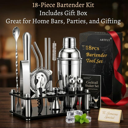 Bartender Kit 18-Piece with Acrylic Stand, 18/8 Stainless Steel Bar Set, Martini Shaker, Jigger, Muddler & Recipe Book
