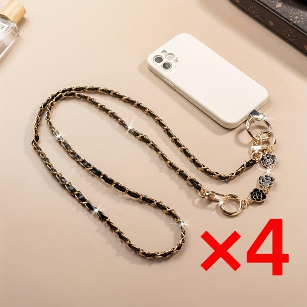 Crossbody Phone Strap Long Chain Pearl Camellia Metal Charm Elegant Lanyard for Women Girls