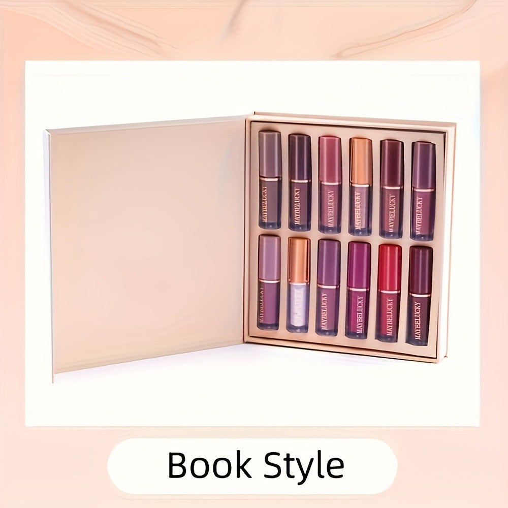 Liquid Lipstick Set 12 Pcs Velvet Matte, Non-Transfer Shimmer & Nude Shades in Elegant Book-Style Gift Box