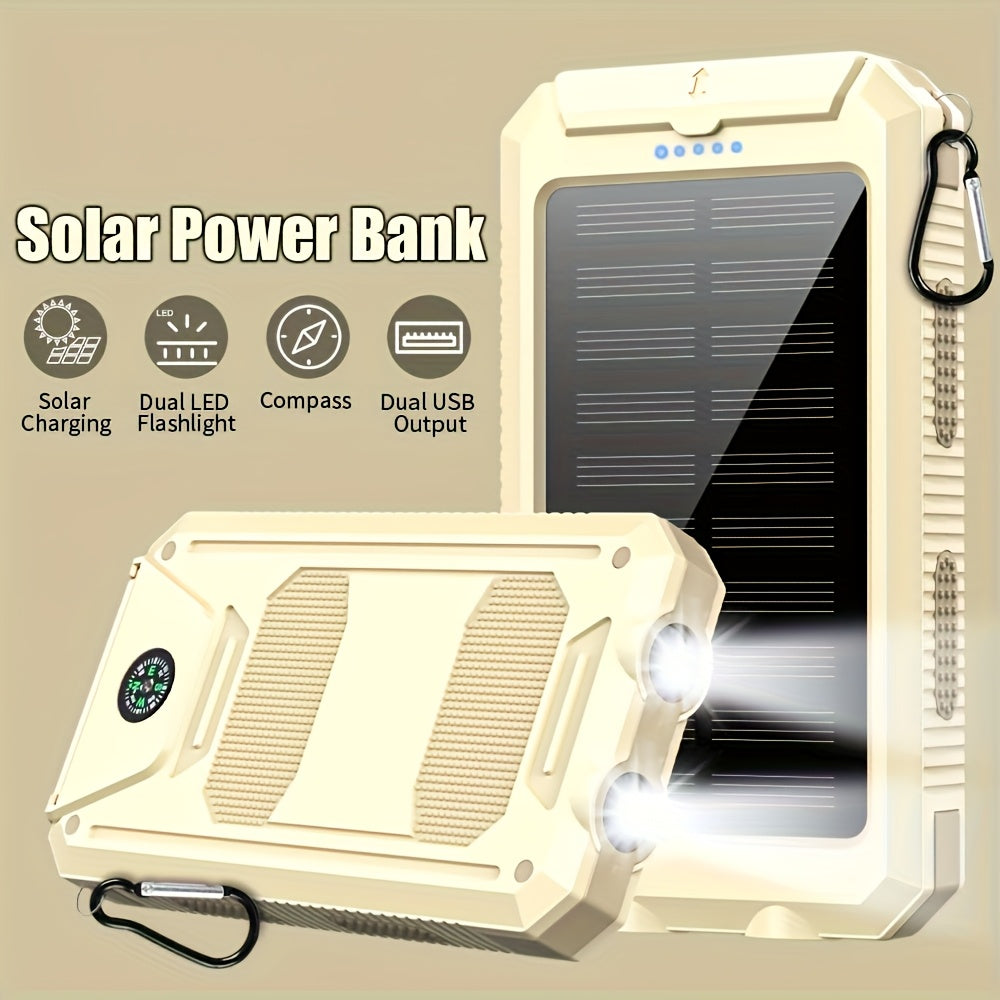 Solar Power Bank, 29800mAh Dual-USB 5V Charger with Solar Panel, Dual LED Flashlight, Compass and Eight Color Options